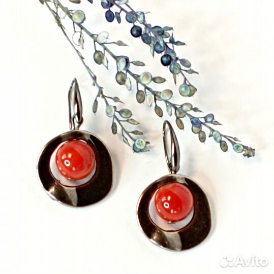 Серьги Красный Агат Бохо Черный металлик Этника