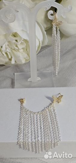 Серьги бабочки длинные цепочки серебро