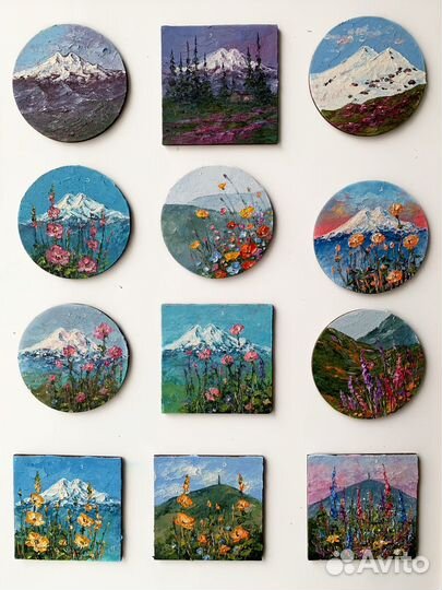 Картина-магнитик Эльбрус поле с маками 7,5*7,5 см