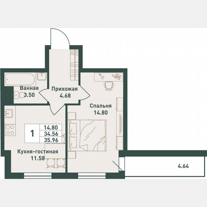 1-к. квартира, 36 м², 9/16 эт.