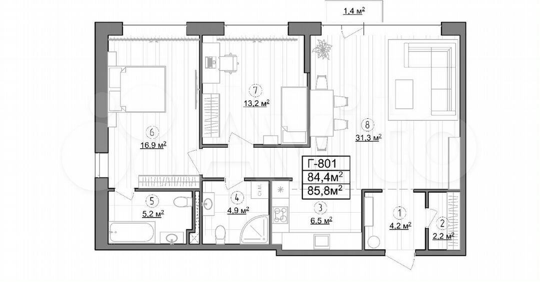 2-к. апартаменты, 84,4 м², 8/14 эт.