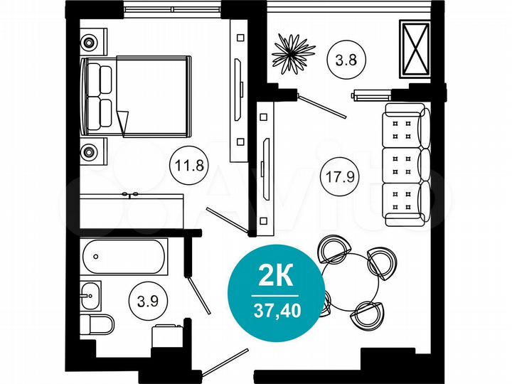 2-к. апартаменты, 37,8 м², 1/10 эт.