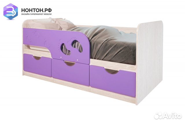 Кровать Минима Лего дуб атланта / лиловый сад