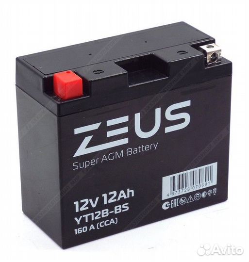 Аккумулятор zeus super AGM 12 Ач п.п. (YT12B-BS)