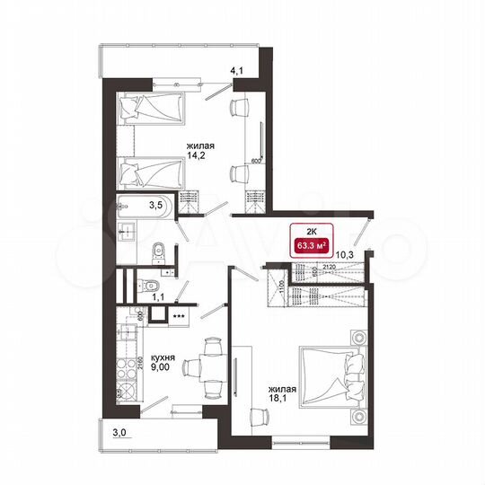2-к. квартира, 63,3 м², 2/4 эт.