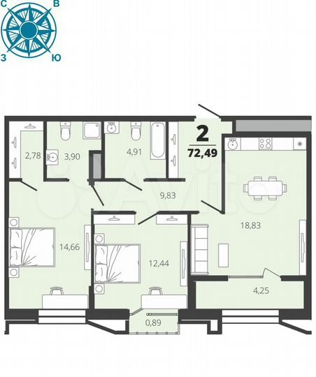 2-к. квартира, 72,5 м², 13/19 эт.