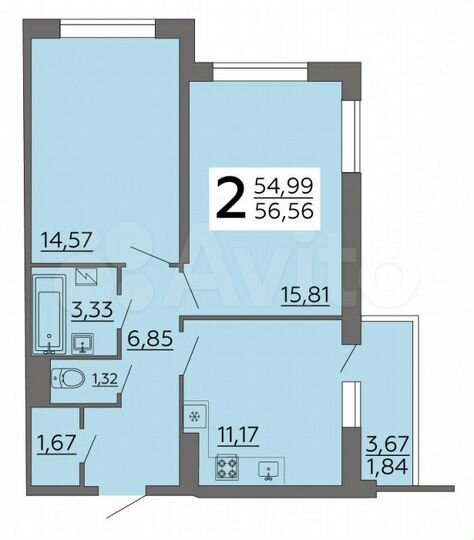 2-к. квартира, 56,6 м², 18/19 эт.