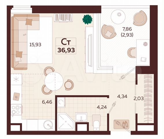1-к. квартира, 36,9 м², 4/6 эт.