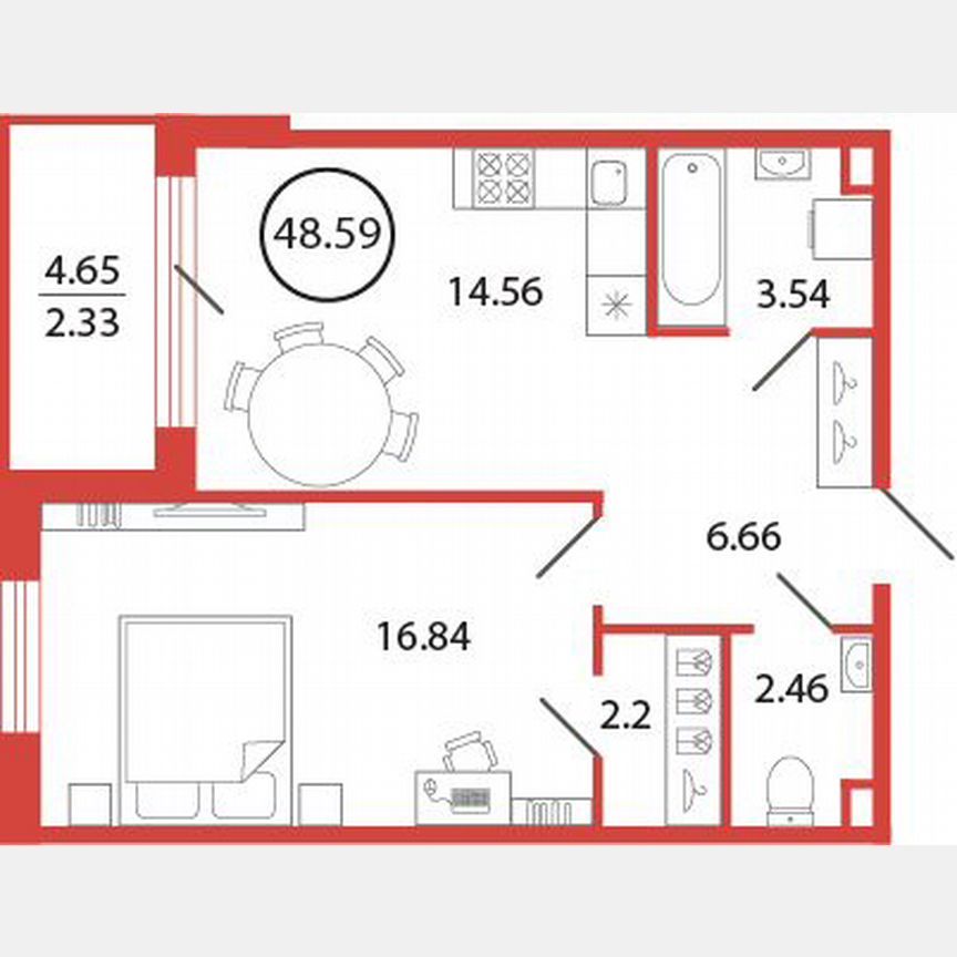 1-к. квартира, 48,6 м², 4/12 эт.