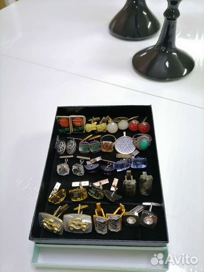 Запонки серебро СССР, камни, стекло, пластик