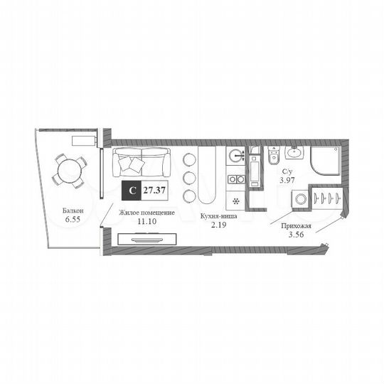 Апартаменты-студия, 27,4 м², 9/20 эт.