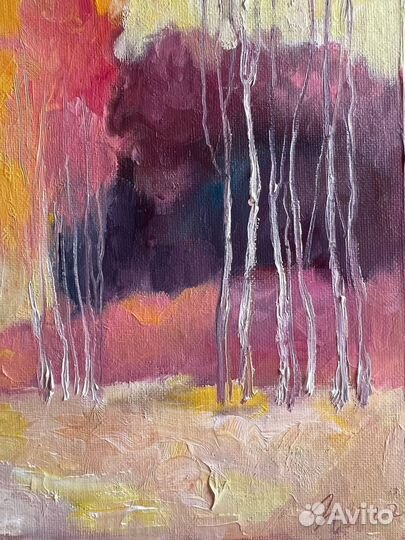 Картина маслом пейзаж лес утро березы холст