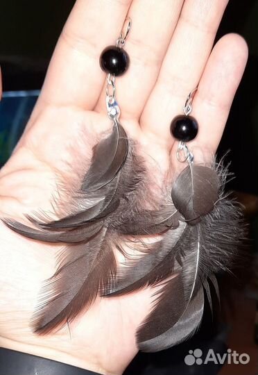 Серьги из перьев чёрного ворона (ручная работа)