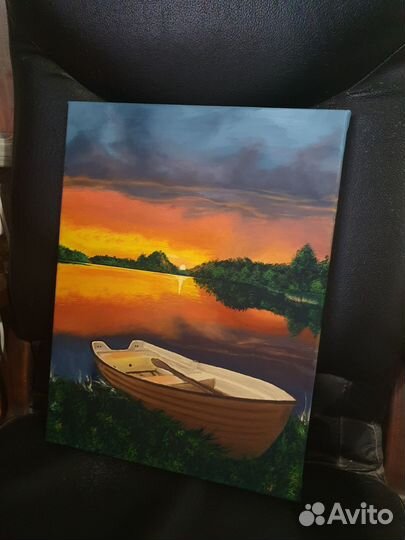 Картина в интерьер Закат Озеро Пейзаж.Масло 30х40