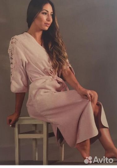 Халат женский с кружевом пыльно-розовый