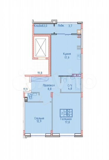 2-к. квартира, 70,4 м², 3/8 эт.