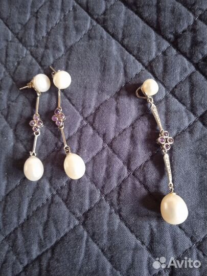 Серебрянные серьги и кулон с жемчугом и аметистом