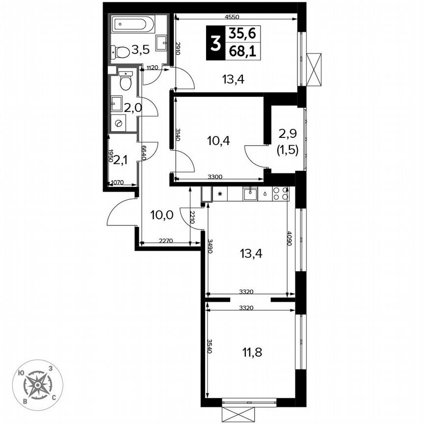 3-к. квартира, 68,1 м², 7/15 эт.