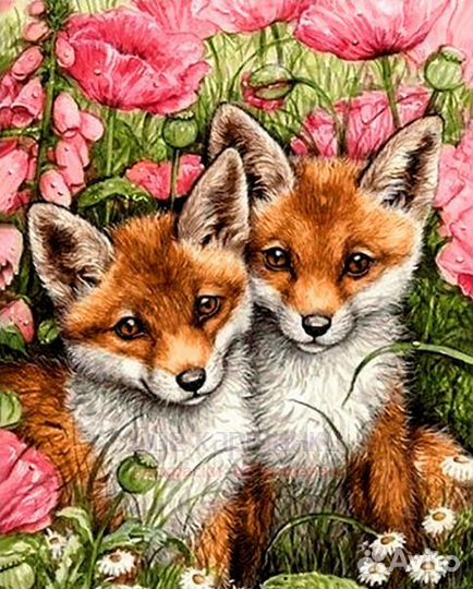 Алмазная мозаика 40x50 Два лисенка в цветущих
