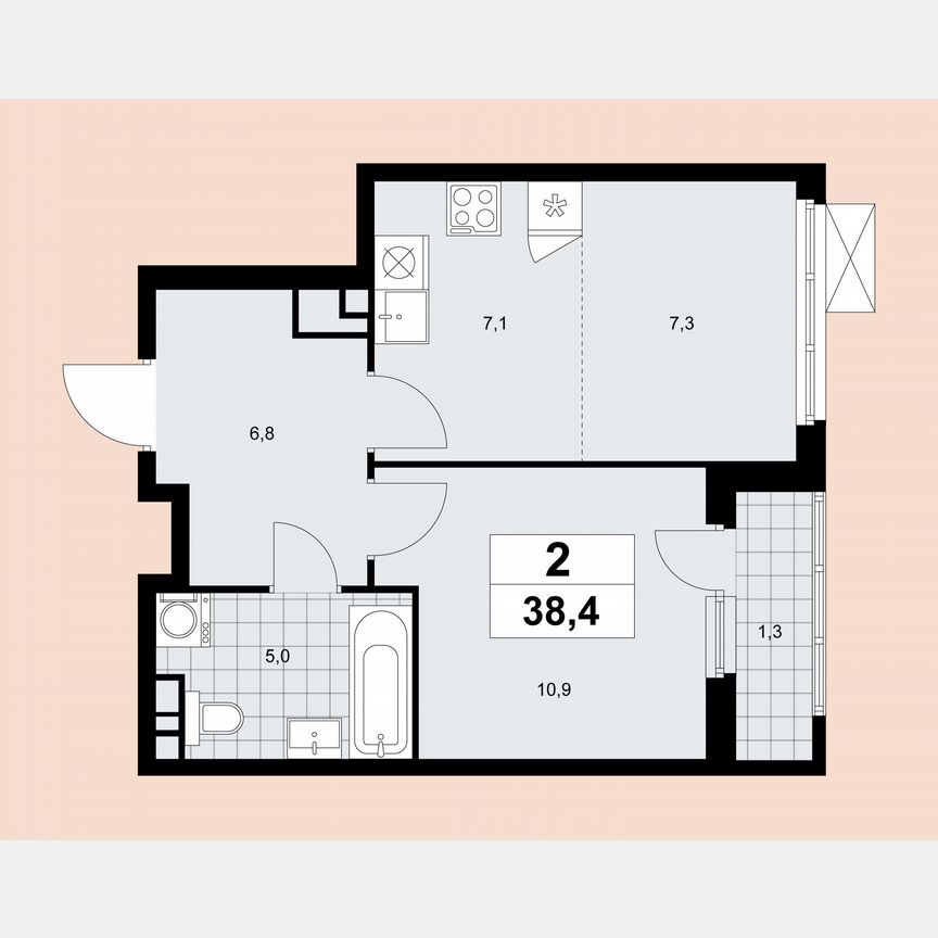 2-к. квартира, 38,4 м², 10/13 эт.