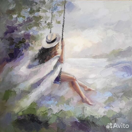 Картина маслом девушка качели пейзаж
