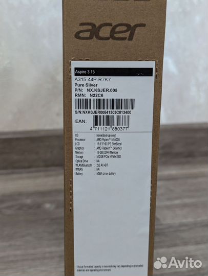 Новый ноутбук Acer Ryzen 5 5500U 16Gb 512Gb