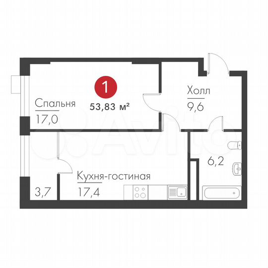 1-к. квартира, 53,8 м², 4/19 эт.