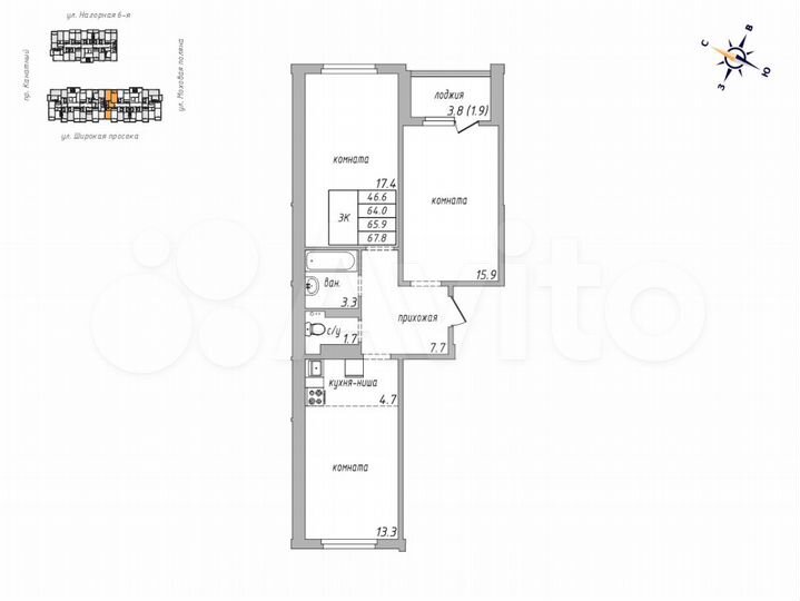 3-к. квартира, 67,8 м², 16/17 эт.