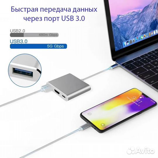 Адаптер для Macbook 3 в 1 Type-C USB hdmi 4K