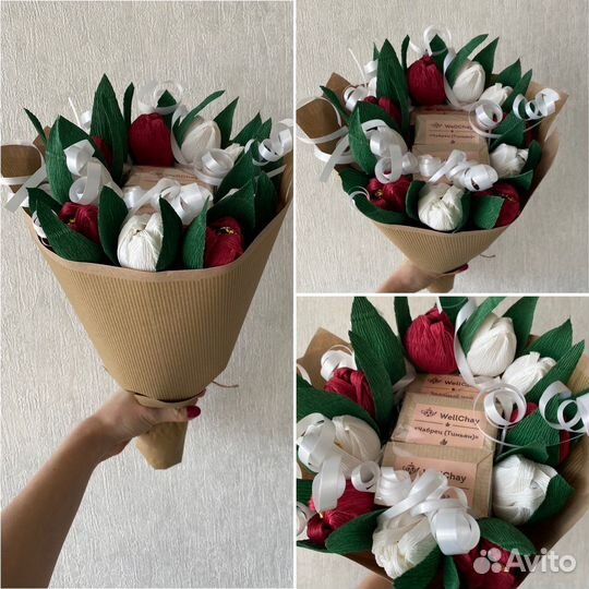Тюльпаны с чаем, кофе, конфетами - букет в подарок