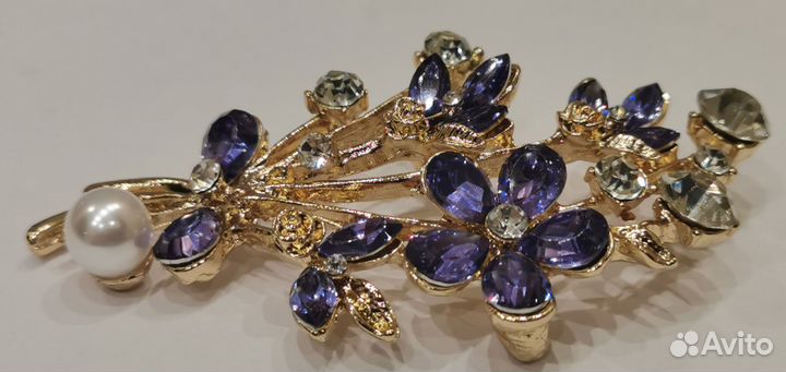 Брошь 2в1 Сапфировый букет кристаллы жемчуг