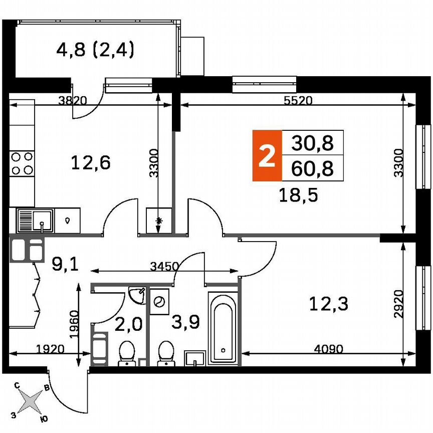 2-к. квартира, 58,4 м², 21/22 эт.