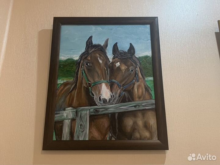 Картина 50х35 в раме лошади ручной труд