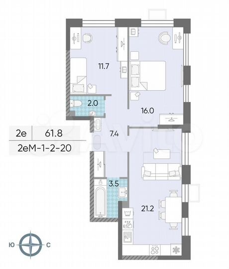 2-к. квартира, 61,8 м², 10/24 эт.