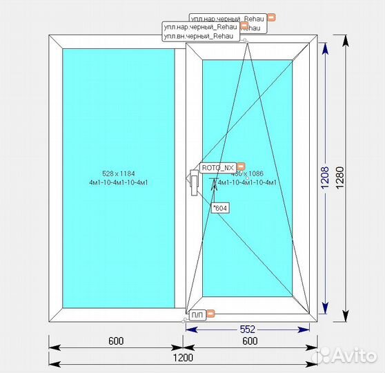 Пластиковое окно Rehau двухстворчатое 1200х1280
