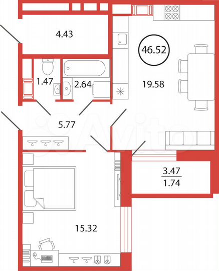 1-к. квартира, 46,5 м², 5/12 эт.
