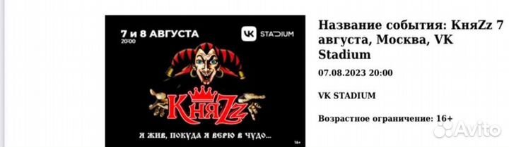 Билет на концерт группы Князь. 7.08.23