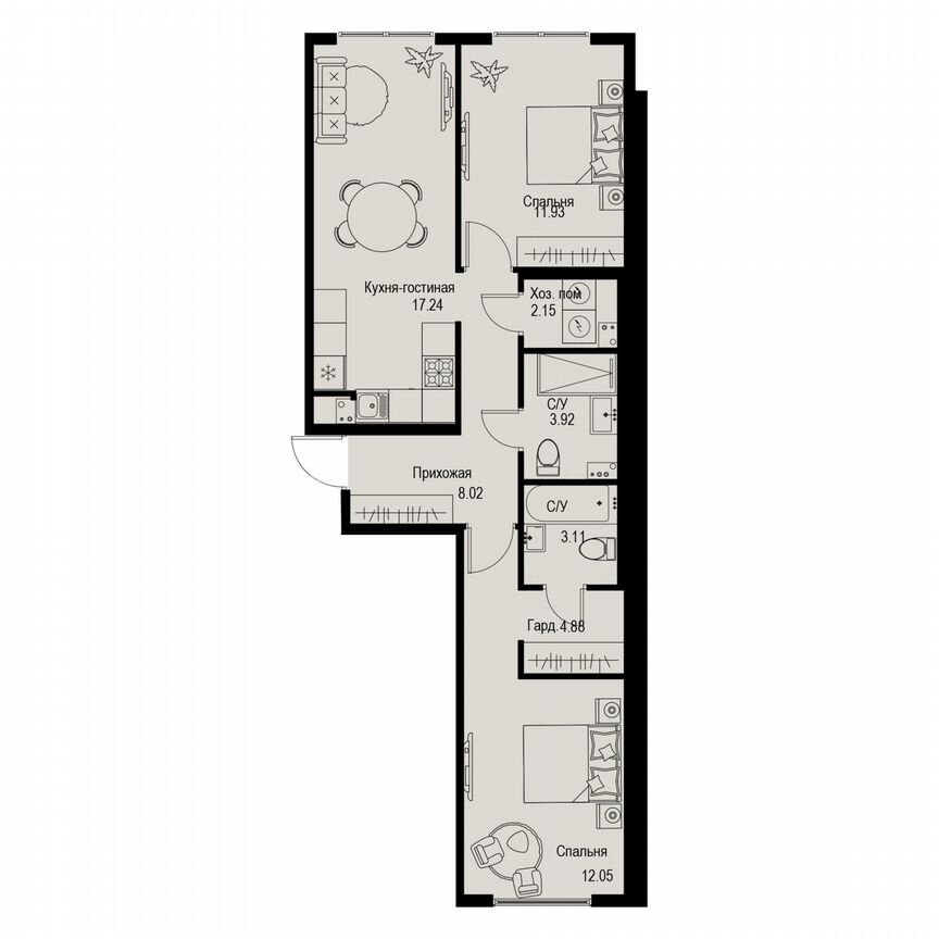 2-к. квартира, 62,4 м², 3/6 эт.