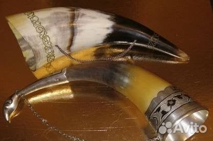 Рога винтаж с резьбой и кубачи серебро