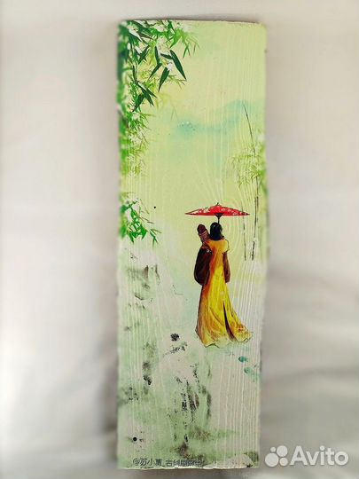 Японская картина. Путник. Картина на дереве