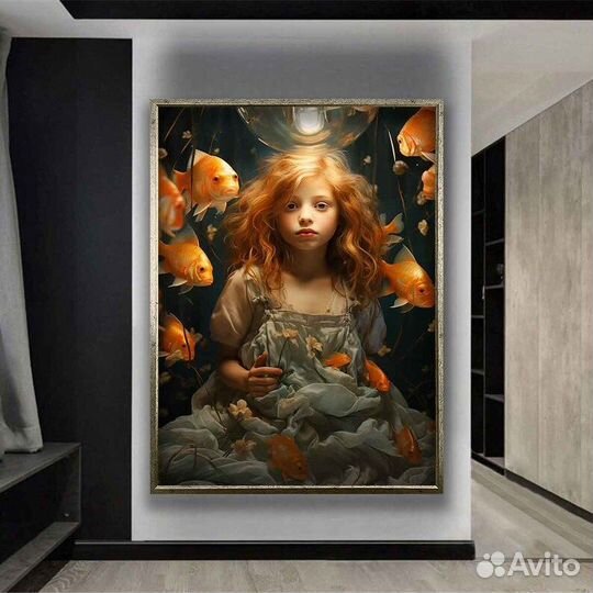 Большая картина маслом девочка с рыбками Примерка