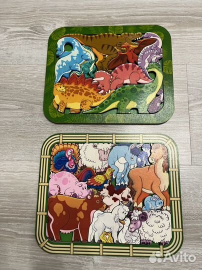 Деревянный паззл пазл фигурный Динозавры и Ферма