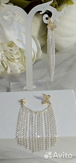 Серьги бабочки длинные цепочки серебро