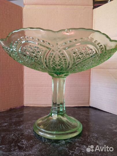 Ваза Фруктовница Старинная Зелёное Стекло