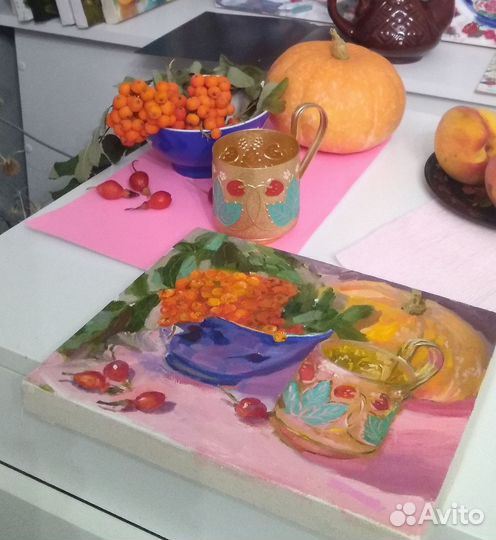 Картина маслом на холсте рябина и тыква, натюрморт