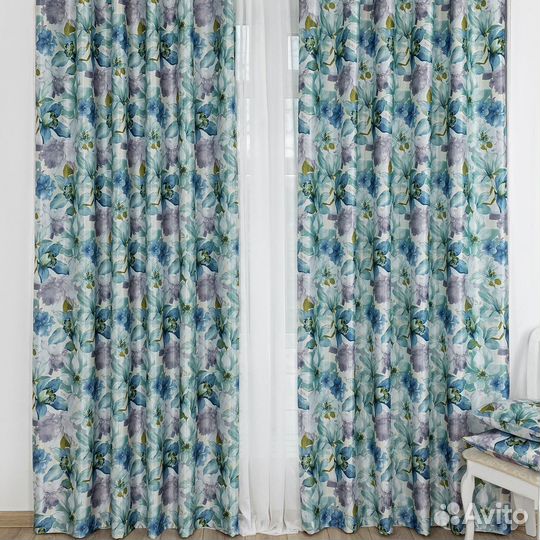 Шторы рогожка Жардин бирюзовый новые пошив