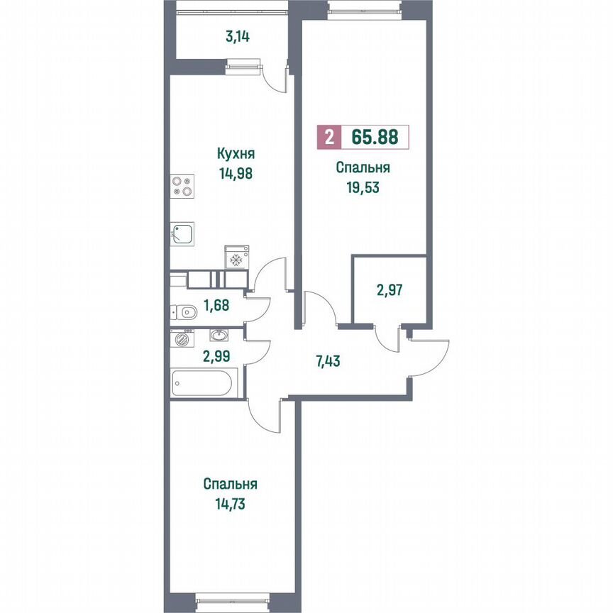 2-к. квартира, 65,9 м², 16/16 эт.
