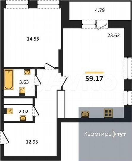 1-к. квартира, 59,2 м², 9/25 эт.