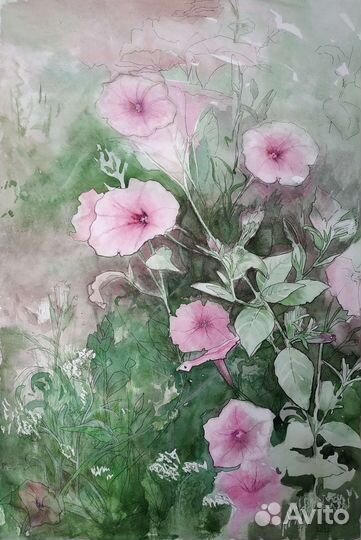 Акварель большая картина розовая цветы 40 на 60