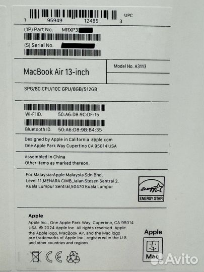 MacBook Air 13’’ (M3, 2024) 8Gb, 512Gb Space Gray